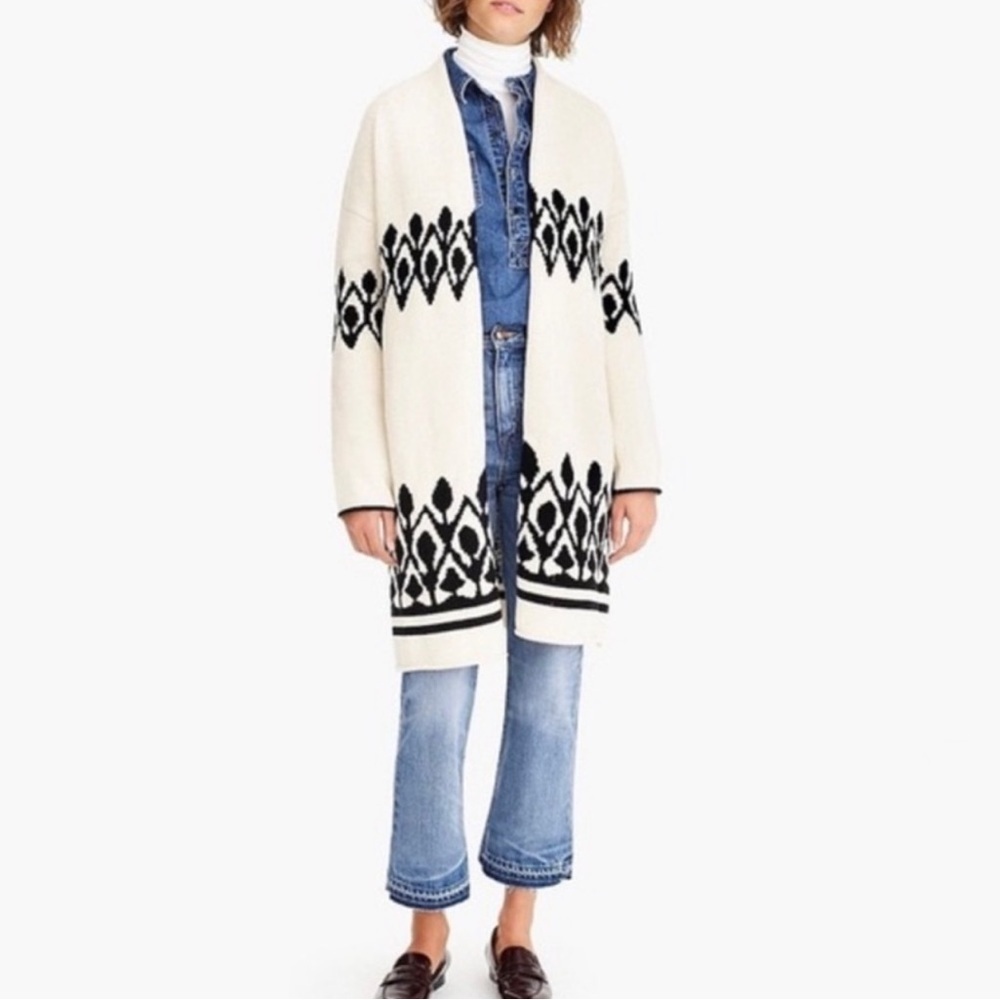 J. Crew Point Sur Lebowski Open Front Cardigan‎ Sweater Jacquard Knit Cream
